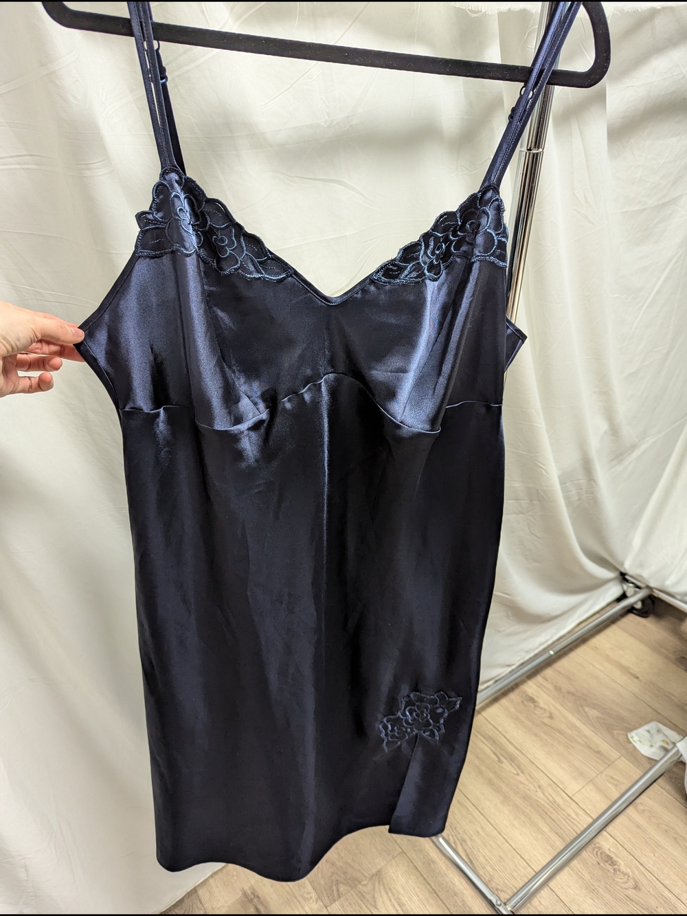 Silk-Look Dark blue navy Lace Trim Slip Dress - Women Intimates & Sleepwear
